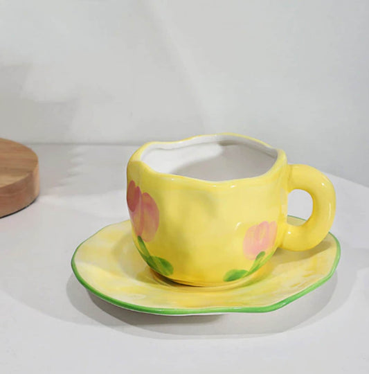 Flower Cup and Saucer- Yellow (Set of 2)
