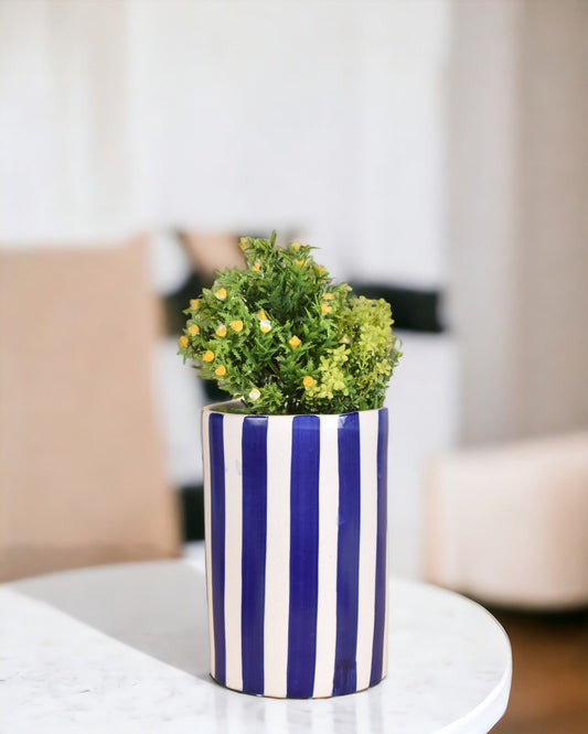 Striped Blue and White Planter- 9" tall